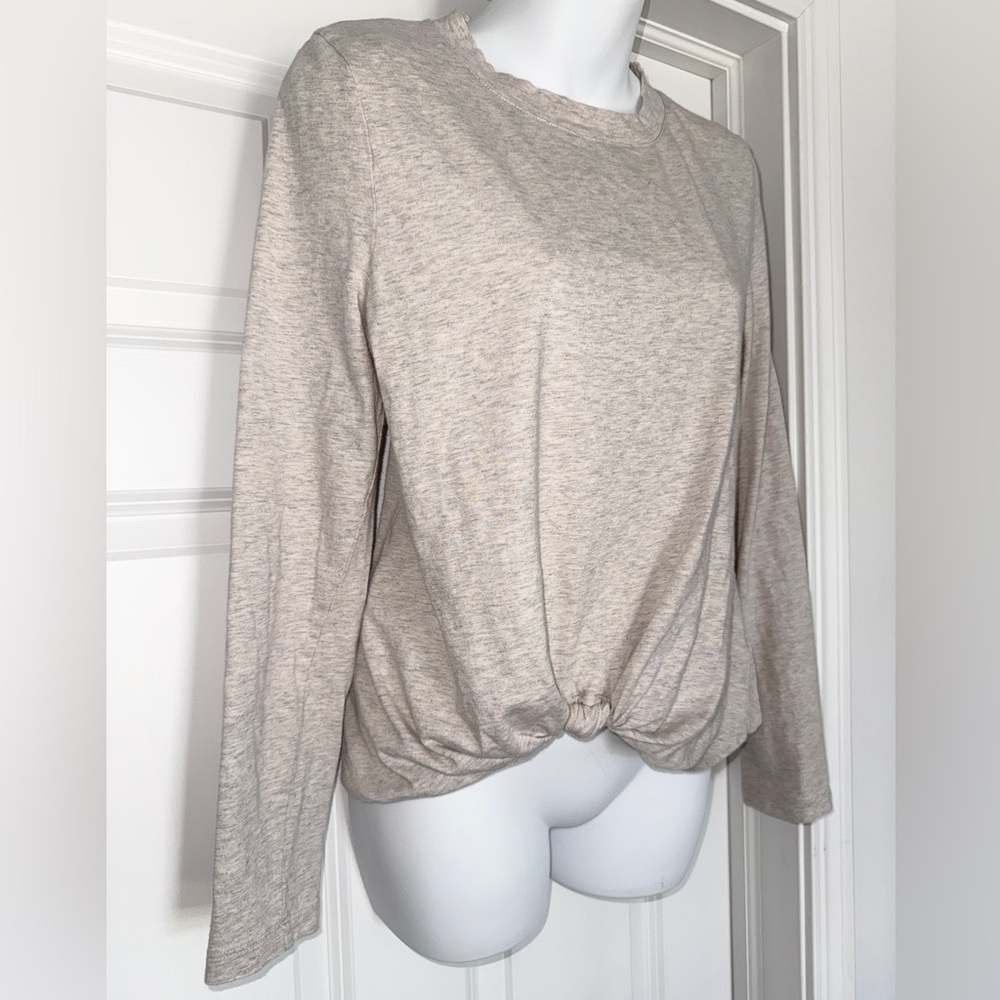 Like New Evereve Long Sleeve Twist Front Oatmeal/Cream Colored Classic Tee, S - Picture 2 of 5